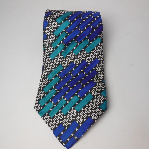 Men’s Silk Tie, wide blue necktie, 4 in. bold print tie, blue geo print silk tie - Picture 1 of 5
